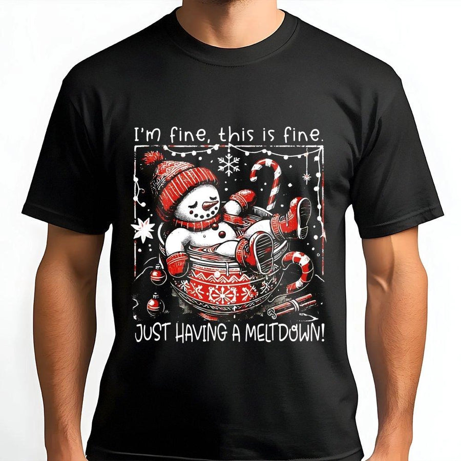Funny Snowman T-Shirt | I'm Fine This Is Fine Meltdown Design | Premium 100% Cotton Graphic Tee | Cute Winter Holiday Gift for Adults