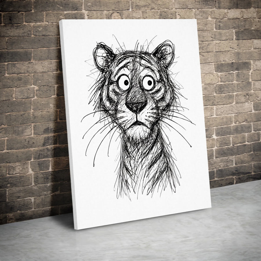 Funny Tiger Sketch Canvas | Scribble Line Art Drawing | Premium Gallery Wrapped Canvas | Modern Minimalist Decor Gift