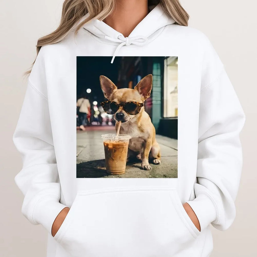 Chihuahua Hoodie with Sunglasses | Funny Dog Meme Graphic | Soft Unisex Crewneck | Coffee Lover & Dog Mom Gift