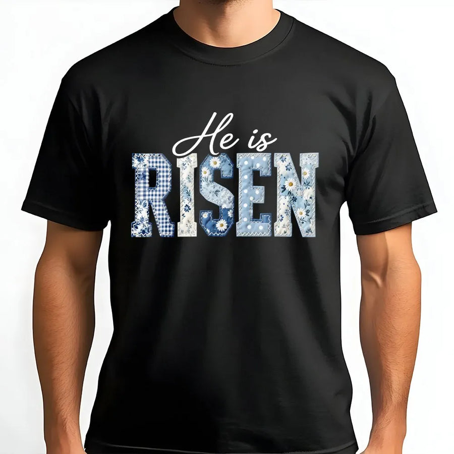 He Is Risen T-Shirt | Blue Toile Patchwork Print Design | Soft Cotton Blend | Easter Gift for Christian Women