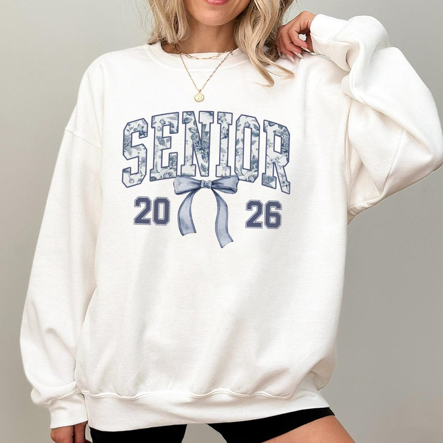 Senior 2026 Sweatshirt | Coquette Bow Blue Toile Aesthetic | Soft Cotton Blend Crewneck | Graduation Gift for High School or College Student