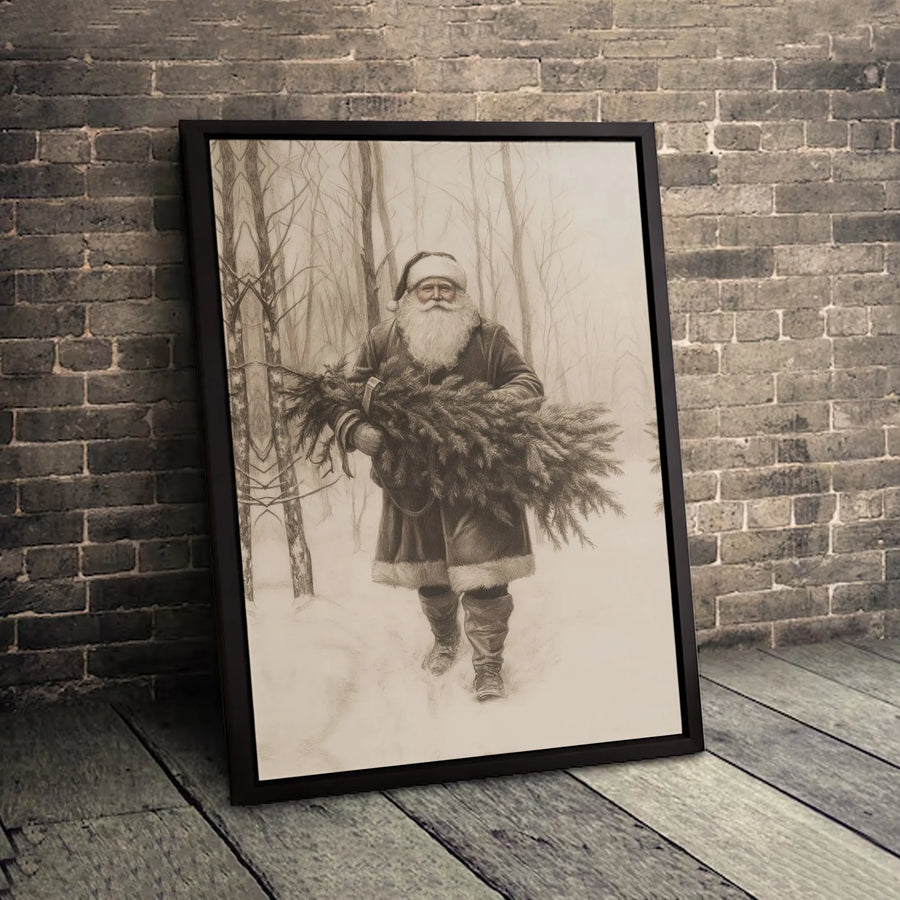Vintage Santa Claus Wall Art | Sketch Style Carrying Christmas Tree | Premium 1.25-Inch Canvas Print | Rustic Holiday Home Decor Gift