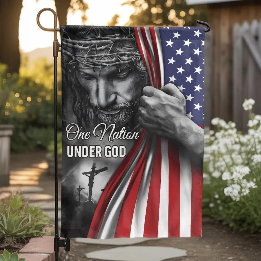 Christian American Garden Flag | One Nation Under God Jesus Art | Weather Resistant Double Sided Fabric | Patriotic Religious Yard Decor Gift