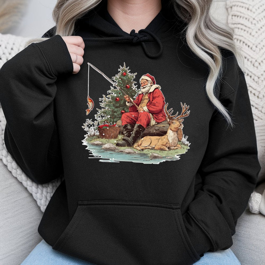 Fishing Santa Christmas Hoodie | Vintage Outdoors Holiday Graphic | Premium Cotton Blend | Funny Gift For Fisherman And Dad