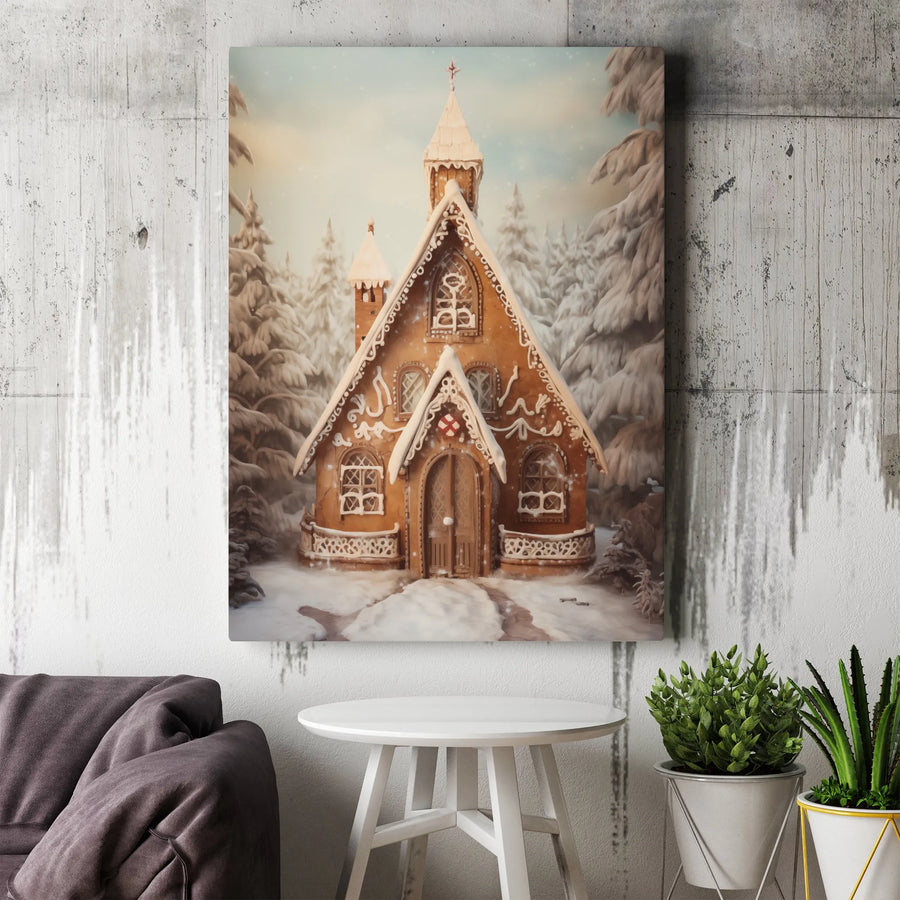 Christmas Gingerbread Church Canvas Wall Art | Snowy Winter Forest Holiday Print | 1.25-Inch Premium Gallery Wrap | Festive Home Decor Gift