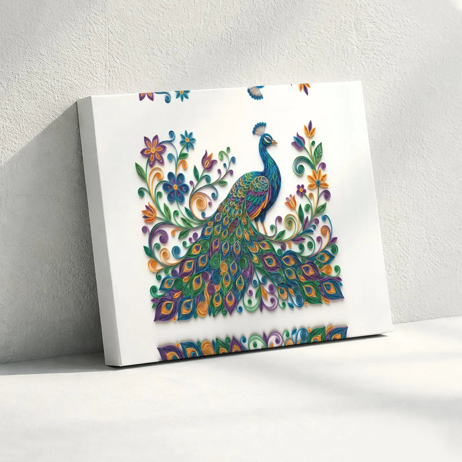 Peacock Canvas Wall Art | Intricate 3D Quilling Style Print | Premium Gallery Wrapped Canvas | Unique Living Room Decor Gift