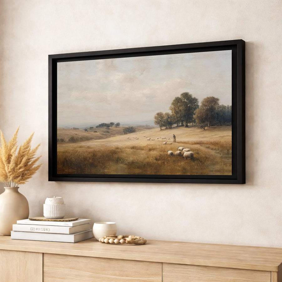 Pastoral Landscape Canvas Art | Vintage Shepherd and Sheep Painting | Premium 1.25-Inch Gallery Wrap | Rustic Country Home Decor Wall Art