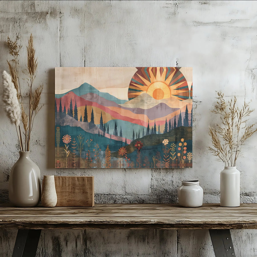 Boho Mountain Wall Art | Retro Sunset and Wildflower Landscape Print | Premium Fade-Resistant Canvas | Modern Cabin Home Decor Gift