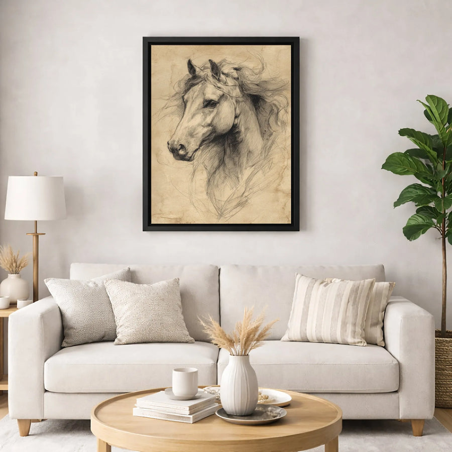 Horse Pencil Sketch Canvas | Vintage Charcoal Style Wall Art | Premium Gallery Wrapped Decor | Equestrian Gift for Horse Lovers