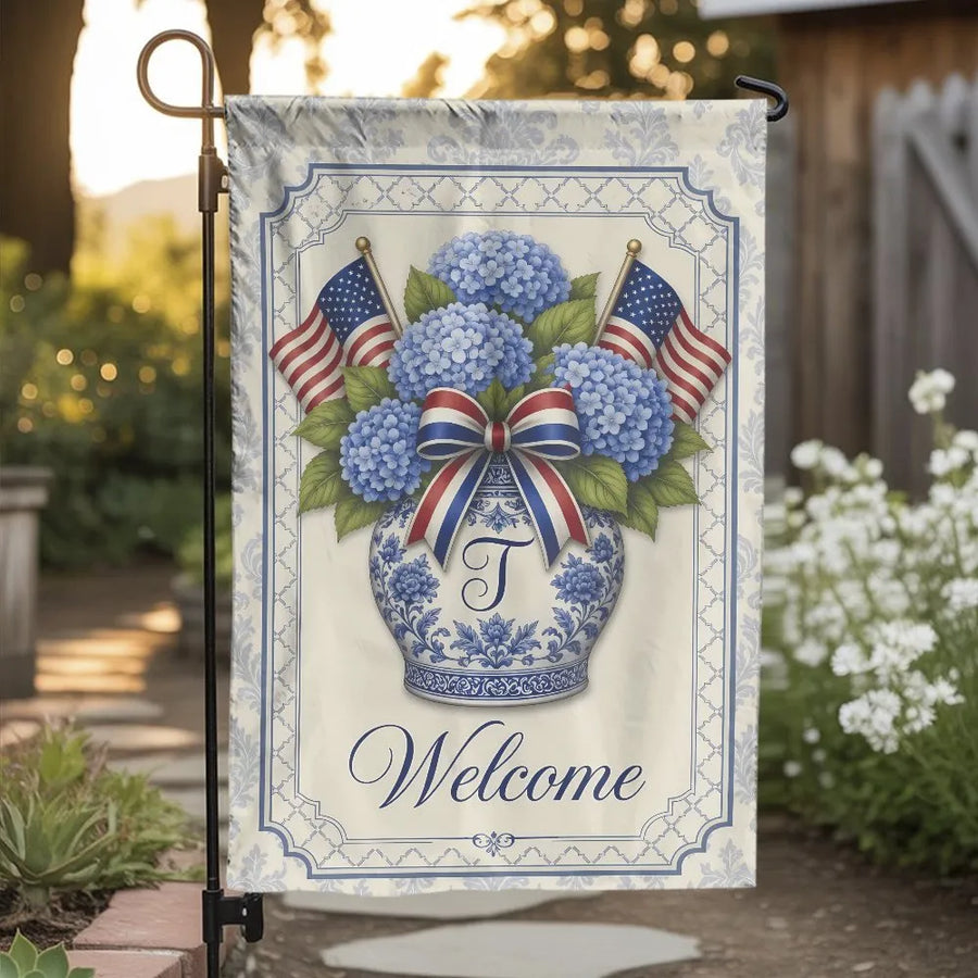 Patriotic Welcome Garden Flag | Double-Sided American Flag & Hydrangea Design | Weather-Resistant Polyester | Seasonal Outdoor Yard Decor Gift