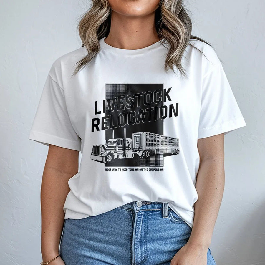 Livestock Relocation T-Shirt | Cattle Hauler Semi Truck Graphic | 100% Cotton Premium Apparel | Gift for Truck Drivers and Ranchers