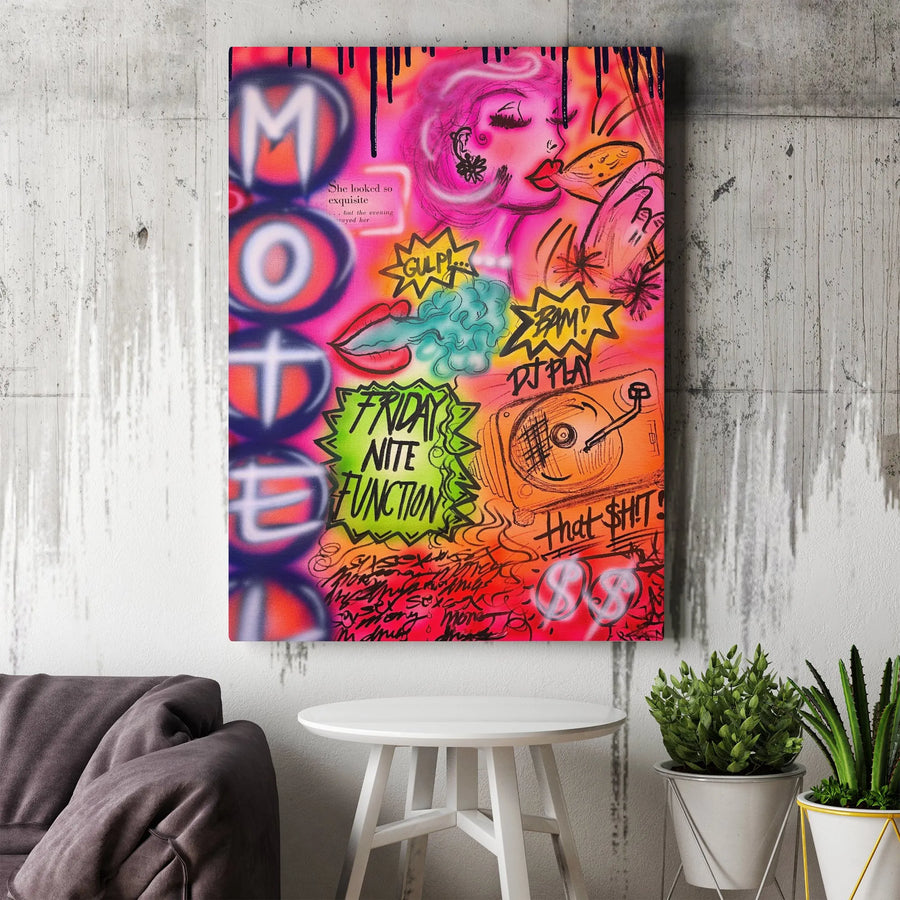 Graffiti Street Art Vertical Canvas | 90s Hip Hop DJ Turntable Print | Premium High-Resolution Ink | Gift for Music Lover Home Decor