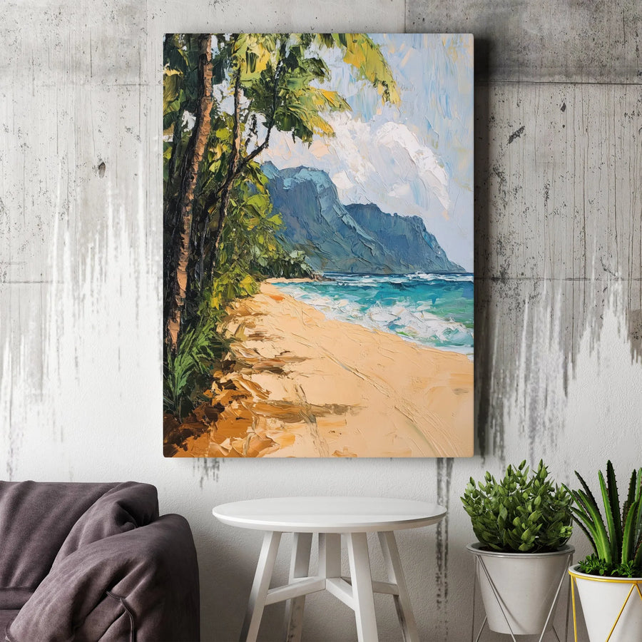 Tropical Beach Canvas Wall Art | Impasto Oil Painting Style Coastal Landscape | 1.25 Inch Premium Gallery Wrap | Modern Home Decor Gift