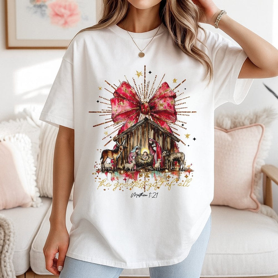 Nativity Scene T-Shirt | The Greatest Gift Of All Christian Christmas Design | 100% Cotton Premium Tee | Faith-Based Holiday Gift for Women and Men