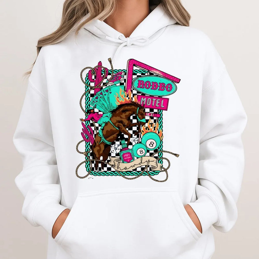 Rodeo Motel Western Hoodie | Neon Wild West Cowgirl Graphic | Premium Cotton Blend | Retro Country Aesthetic Gift For Her