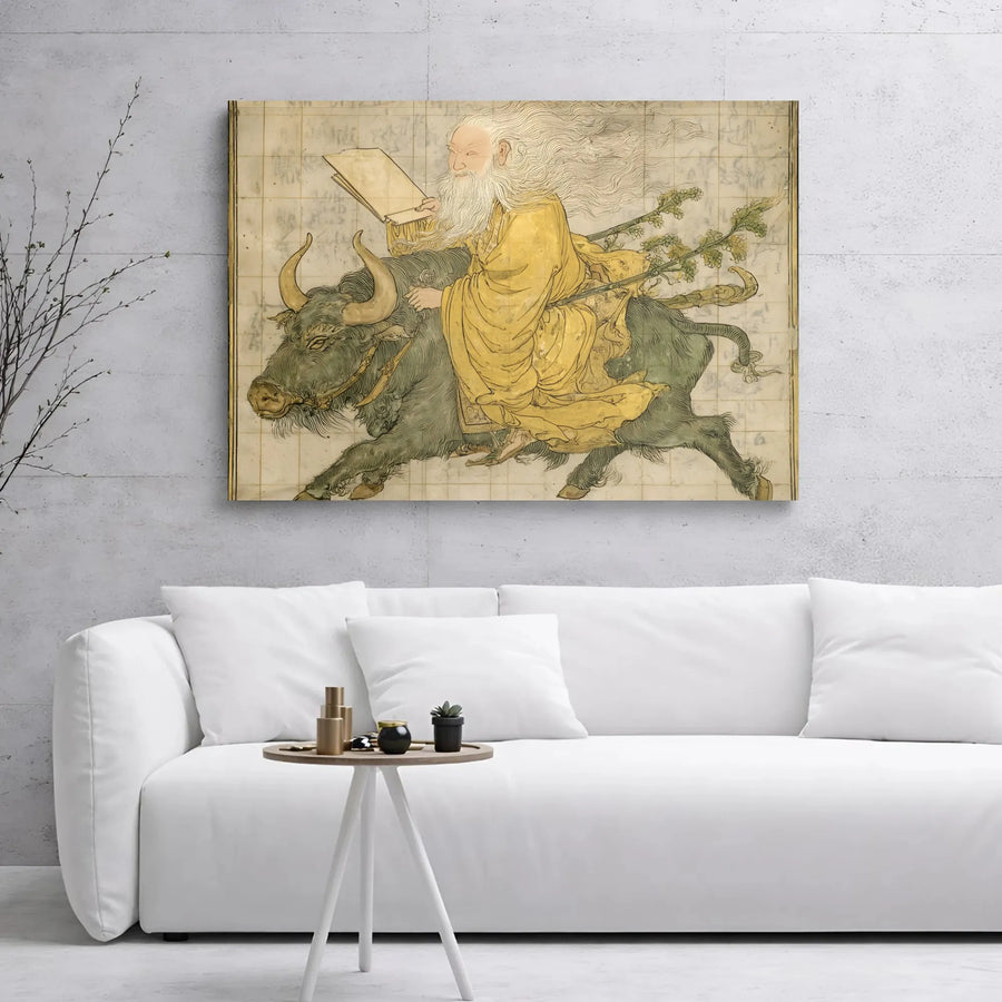 Laozi Riding Water Buffalo Canvas Print | Traditional Taoist Wall Art | Gallery Wrapped Premium Canvas | Zen Home Office Decor Gift