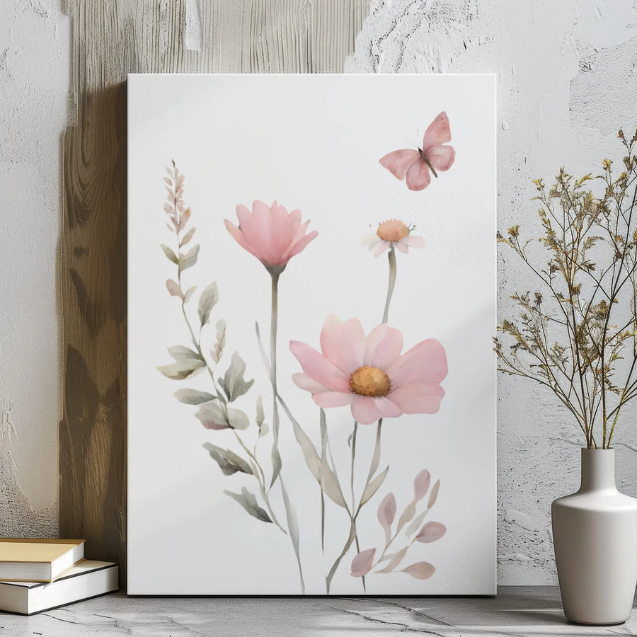 Watercolor Wildflower Canvas Print | Pink Floral Botanical Wall Art | 1.25 Inch Gallery Wrap | Elegant Nursery and Home Decor Gift