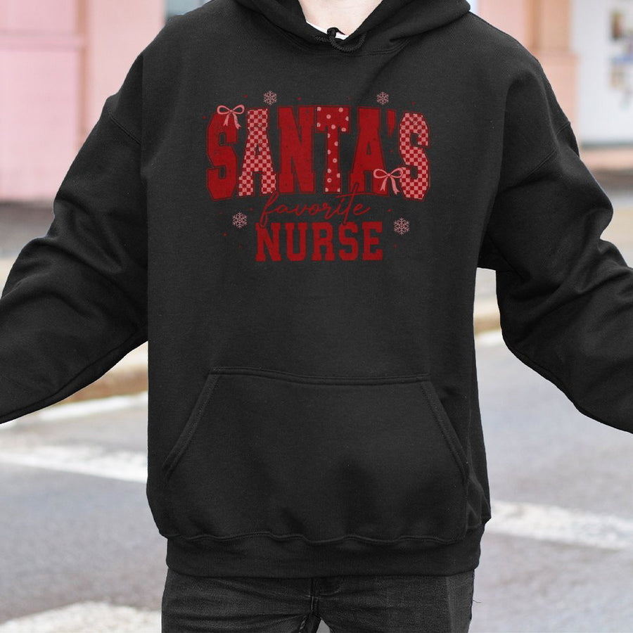 Santa's Favorite Nurse Hoodie | Festive Red Plaid Graphic Christmas Sweatshirt | Premium Cotton-Poly Blend | Cute Holiday Gift for Healthcare Workers