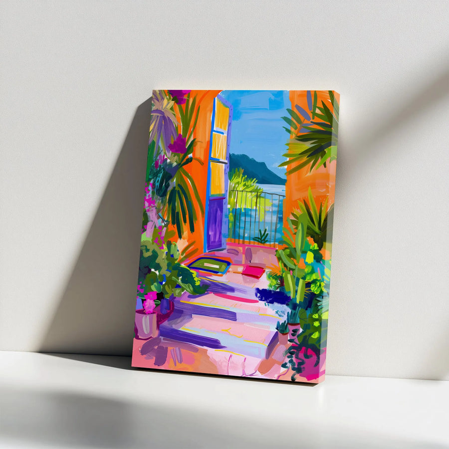 Mediterranean Balcony Canvas Print | Vibrant Fauvist Style Seascape Painting | Premium Gallery Wrap Canvas | Living Room Wall Decor Gift