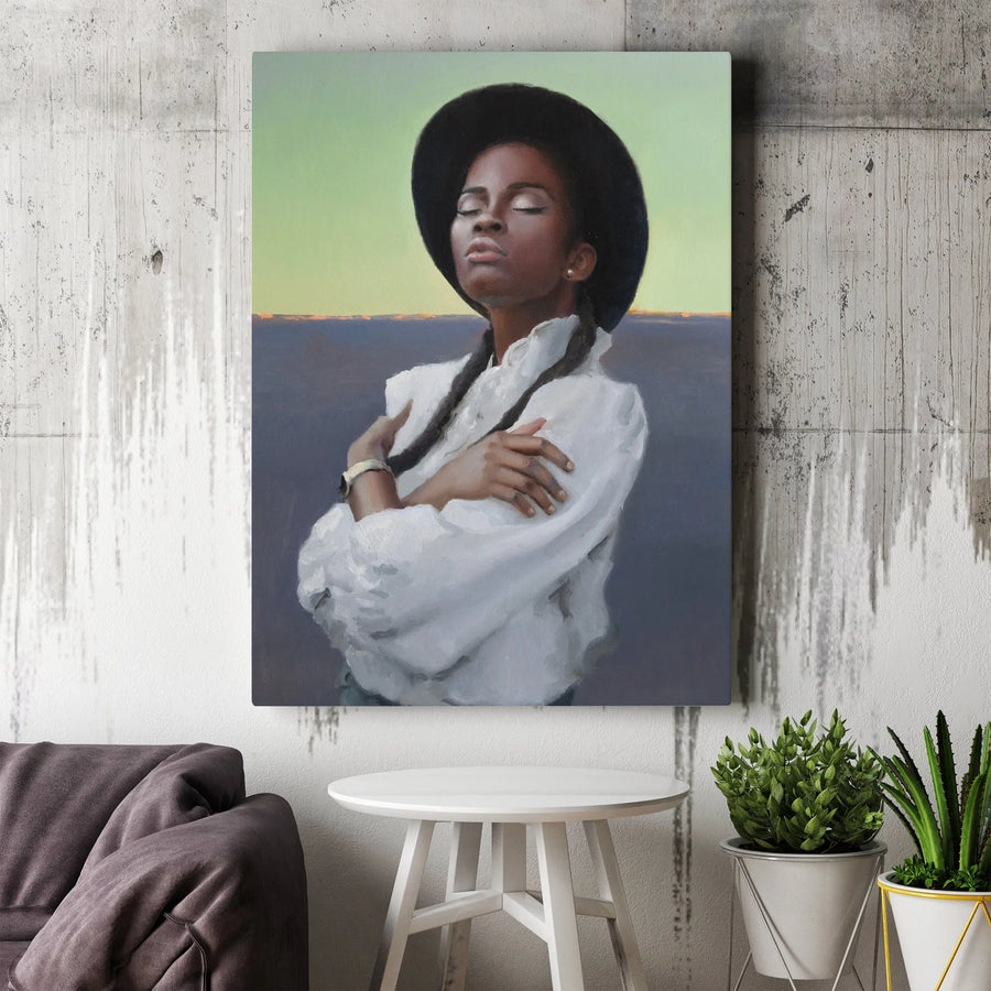 Modern Black Art Canvas Print | Portrait of Serene Woman in Hat | Premium Gallery Quality Wall Decor | Collector's Gift for Living Room