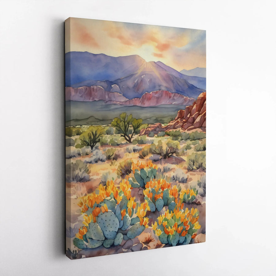 Desert Landscape Canvas Print | Watercolor Prickly Pear Cactus Sunrise | Gallery Quality 1.25" Profile | Southwestern Boho Home Decor Gift