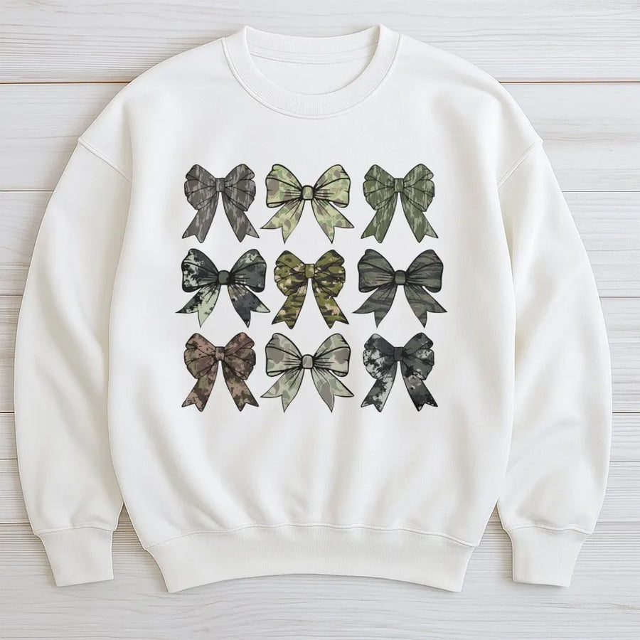 Camo Bow Sweatshirt | Aesthetic Camouflage Ribbon Graphic | Premium Cotton Blend | Country Girl Hunting Gift for Her