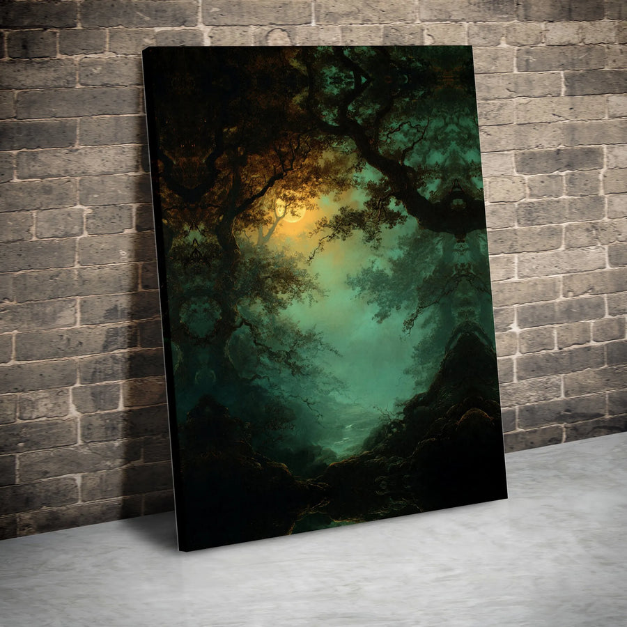 Mystical Forest Canvas Wall Art | Dark Enchanted Woods with Glowing Moon | Gallery-Quality Premium Canvas | Atmospheric Home & Office Decor Gift