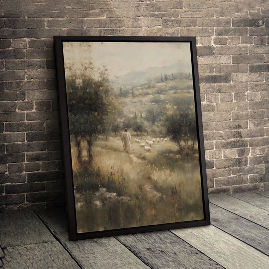 Jesus The Good Shepherd Canvas Art | Vintage Style Pastoral Painting | Premium Gallery Wrap Print | Christian Home Decor Gift