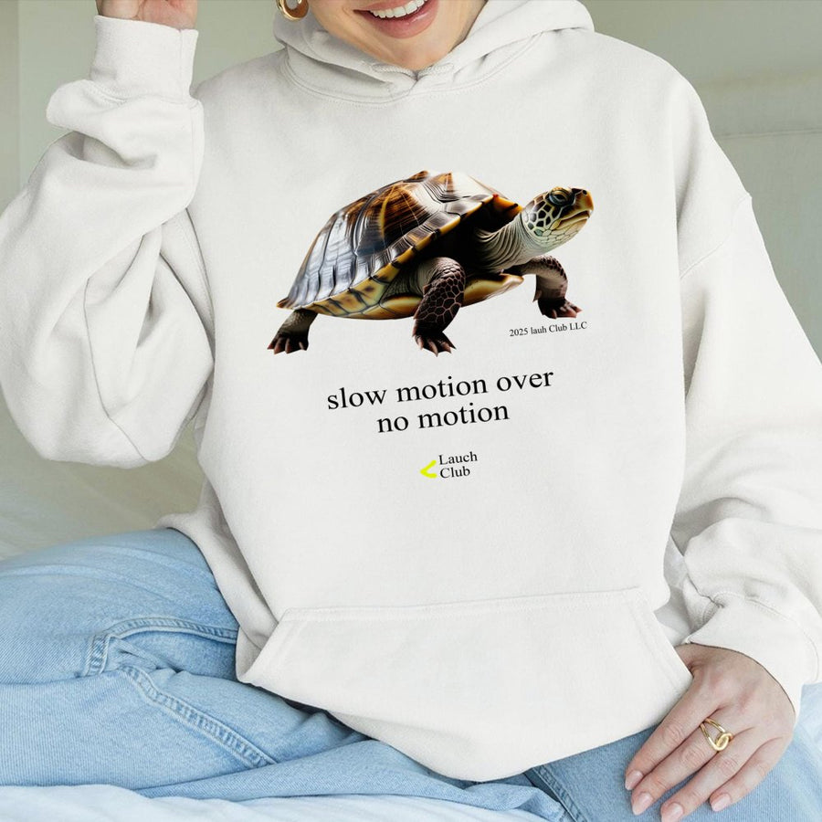 Slow Motion Turtle Graphic Hoodie | Inspirational Quote Motivational Streetwear | Premium Cotton Blend | Unisex Casual Gift For Nature Lovers