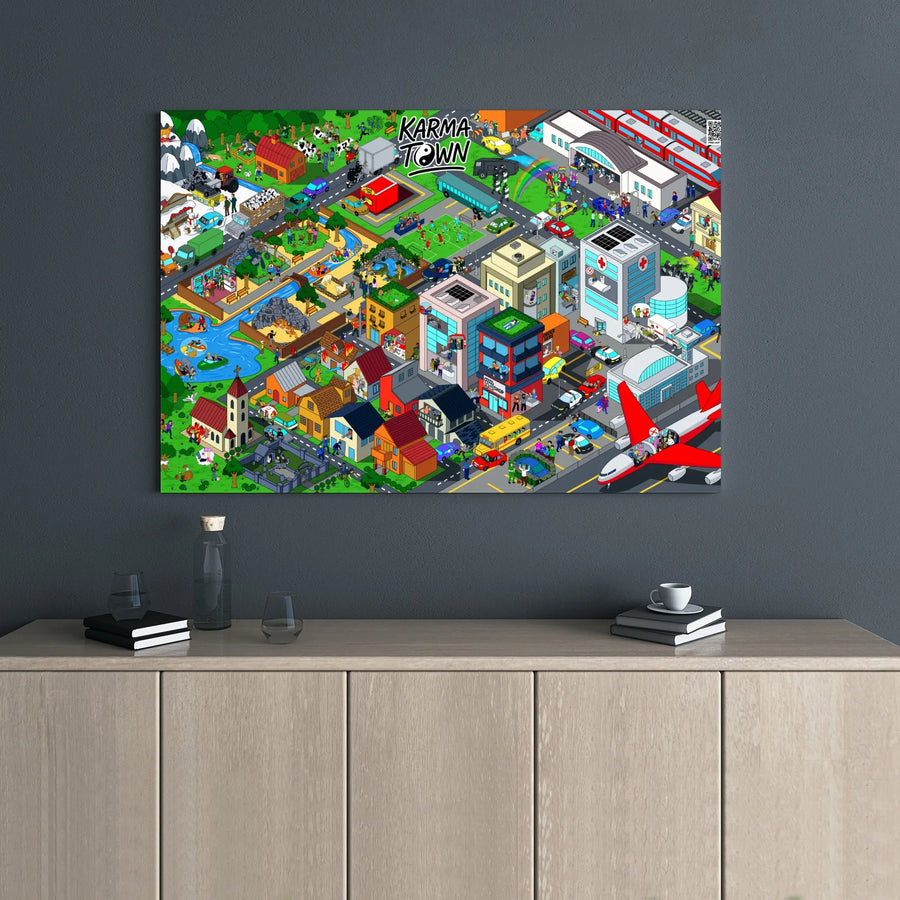 Karma Town Isometric Cityscape Canvas | Detailed Pixel Art Urban Print | Premium Gallery Wrap Decor | Unique Office & Home Wall Art Gift