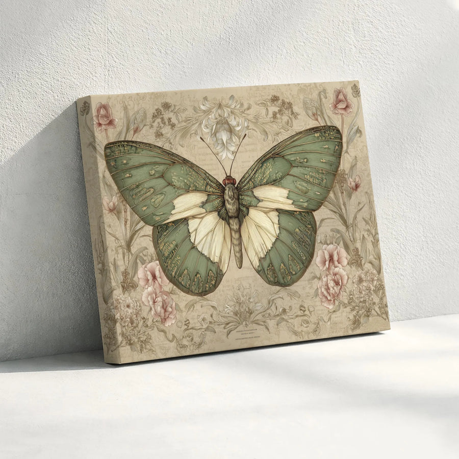 Vintage Botanical Butterfly Canvas Art | Sage Green Floral Illustration Print | Premium Fade-Resistant Gallery Wrap | Elegant Home Decor Wall Hanging