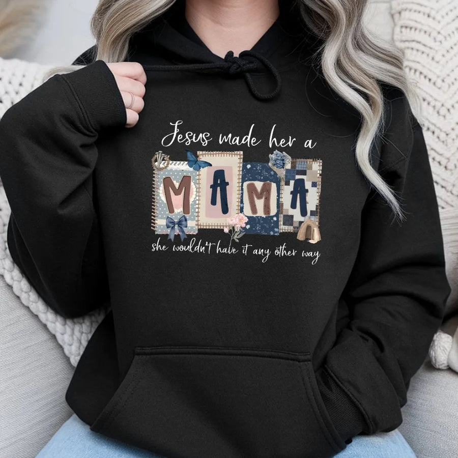 Christian Mom Hoodie | Jesus Made Her A Mama Quilt Graphic Tee | Soft Cotton Apparel | Faith Based Gift for Her, Mother's Day Present
