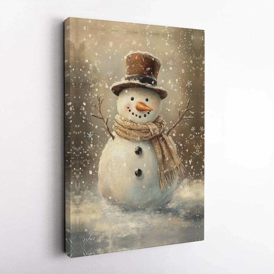 Vintage Snowman Wall Art | Winter Holiday Painting with Top Hat | Premium 1.25" Gallery Canvas | Festive Christmas Home Decor