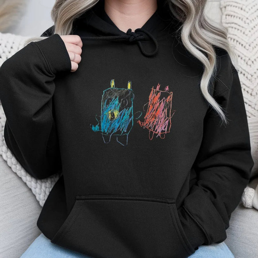 Kids Art Graphic Hoodie | Cute Crayon Monster Drawing | Soft Premium 100% Cotton Shirt | Unique Whimsical Gift for Parents & Art Lovers
