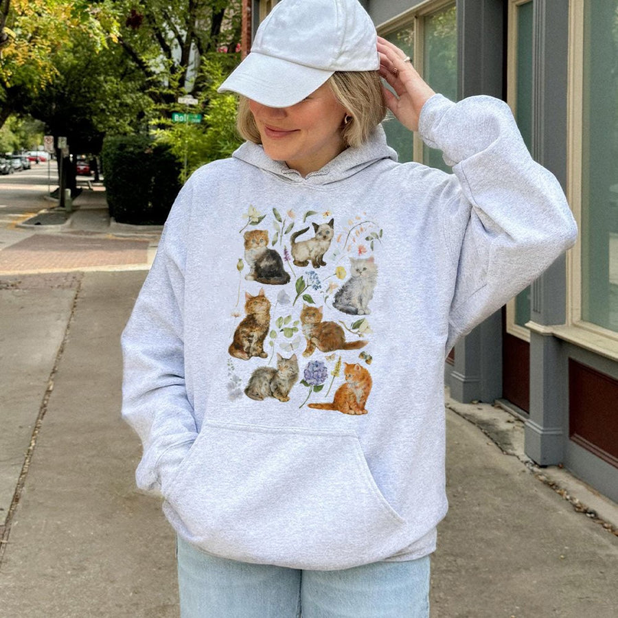 Cottagecore Cat Hoodie | Floral Kitten Botanical Graphic | Premium Cotton Blend Sweatshirt | Gift For Cat Lovers Women Men