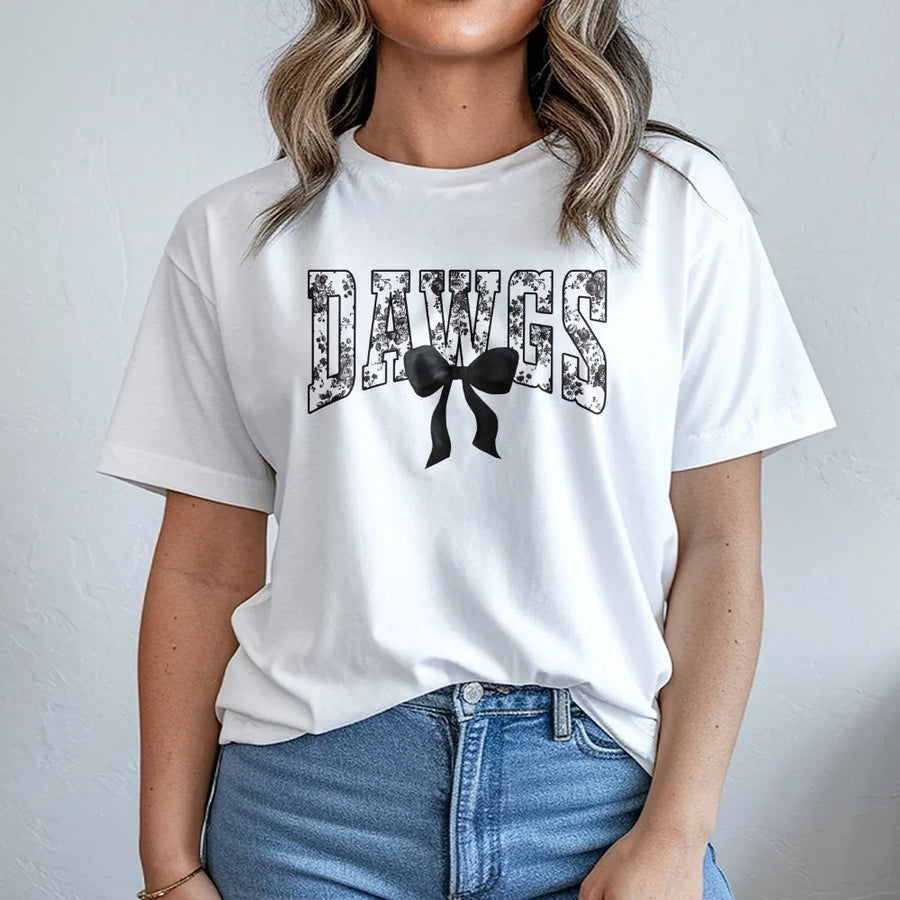 Dawgs Football T-Shirt | Coquette Aesthetic Floral Bow Print | Premium Soft Cotton Tee | Trendy Game Day Apparel Gift for Her
