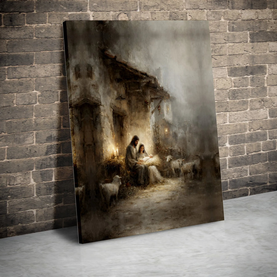 Nativity Scene Canvas Wall Art | Rustic Holy Family Oil Painting Style | Premium Gallery Wrap Print | Religious Christmas Home Decor Gift
