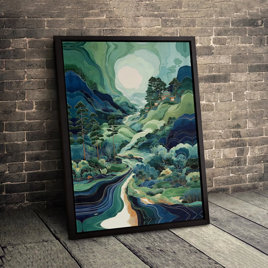 Japanese Mountain Landscape Canvas Wall Art | Stylized River and Moon Forest Print | Premium 1.25 Inch Gallery Wrap | Modern Nature Home Decor Gift