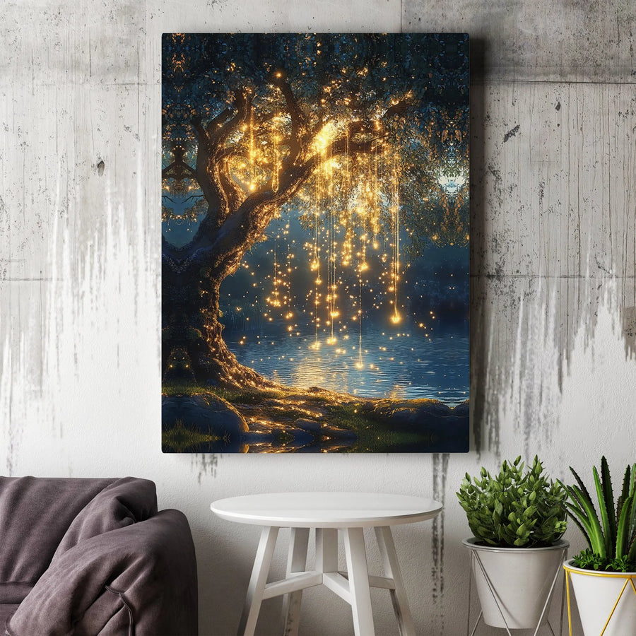 Enchanted Tree of Life Canvas | Magical Forest with Glowing Waterfall Lights | Premium Fade-Resistant Print | Mystical Bedroom & Living Room Decor Gift