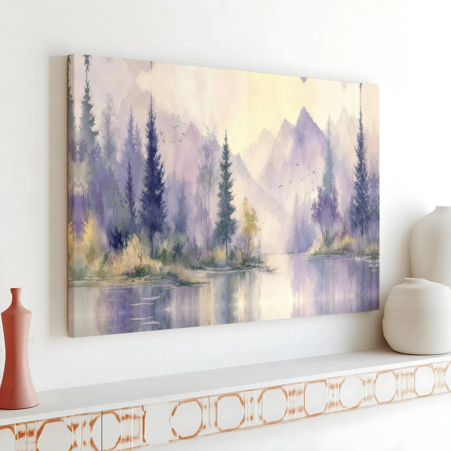 Misty Mountain Lake Canvas Wall Art | Watercolor Forest Landscape Painting | Premium Gallery Wrapped Canvas | Living Room & Bedroom Wall Decor Gift