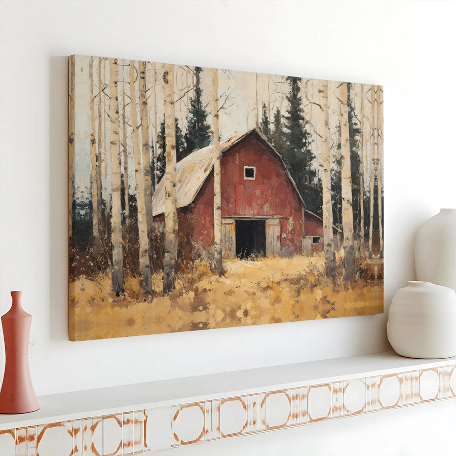 Rustic Red Barn Canvas Wall Art | Impressionist Birch Tree Forest Painting | Premium Gallery Wrapped Art | Country Home Decor Gift