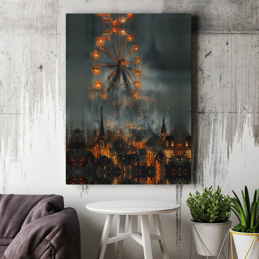 Dystopian Ferris Wheel Canvas Art | Moody Gothic Cityscape Print | Premium Stretched Canvas | Dark Fantasy Gamer Room Decor Gift