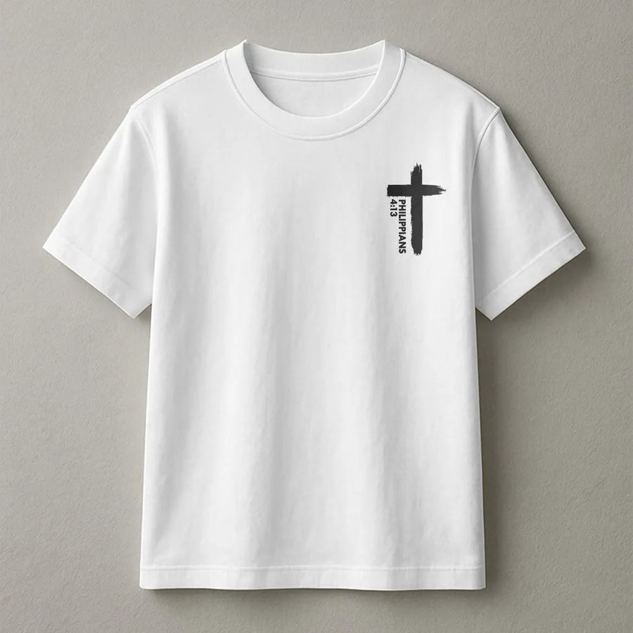 Philippians 4:13 T-Shirt | Minimalist Brush Stroke Cross Design | Premium Cotton Tee | Christian Faith Based Gift for Men & Women