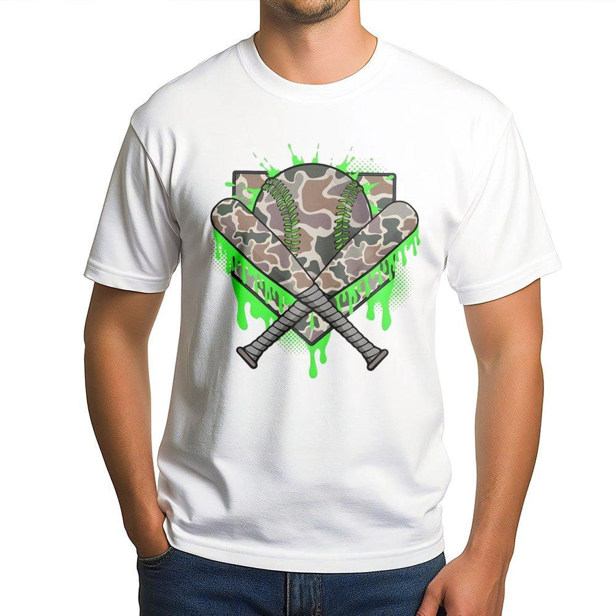 Baseball Camo T-Shirt | Neon Green Dripping Design | Premium Soft Cotton | Sporty Graphic Gift for Players and Fans