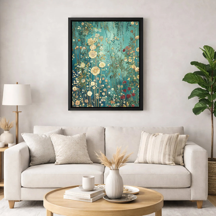 Teal Botanical Wall Art | Vintage Wildflower Garden Painting | Premium Gallery-Wrap Canvas | Modern Home Decor Gift