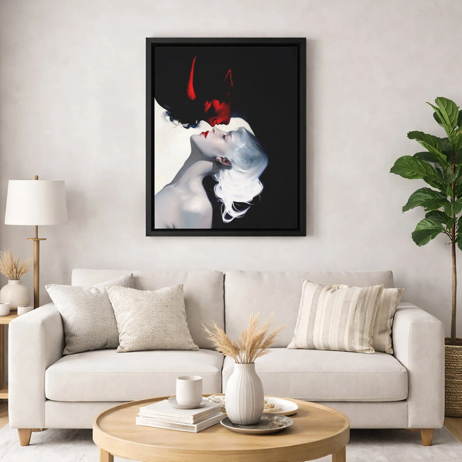 Gothic Demon and Woman Canvas | Dark Fantasy Romantic Kiss Wall Art | Premium Fade-Resistant Print | Moody Aesthetic Home Decor