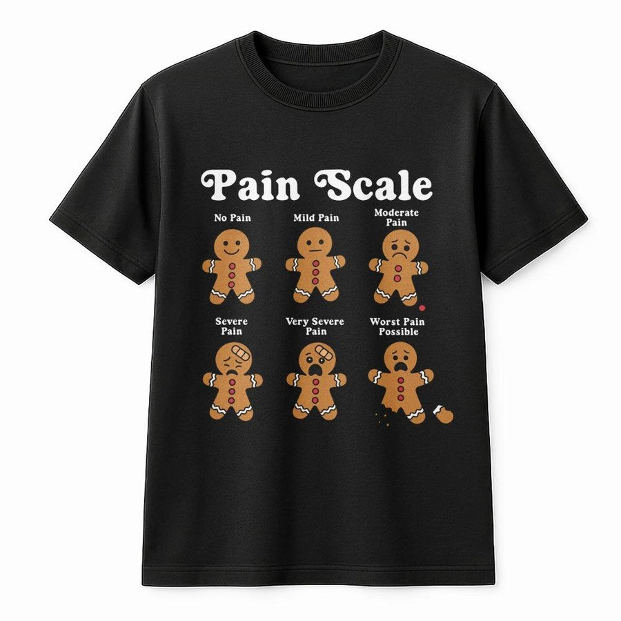Gingerbread Pain Scale T-Shirt | Funny Nursing Christmas Humor Graphic Tee | 100% Cotton Premium Gift for RN Nurses & Medical Staff