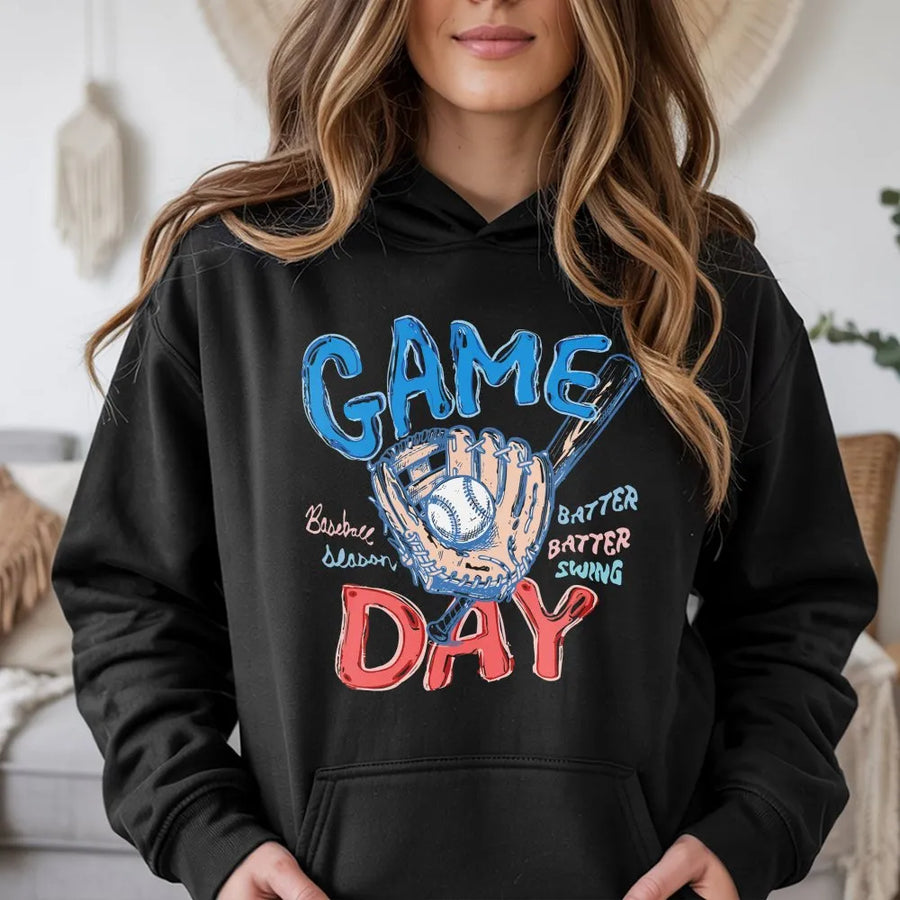 Game Day Baseball Hoodie | Doodle Sketch Graphic Pullover | Soft Cotton Blend | Gift for Sports Mom Fan