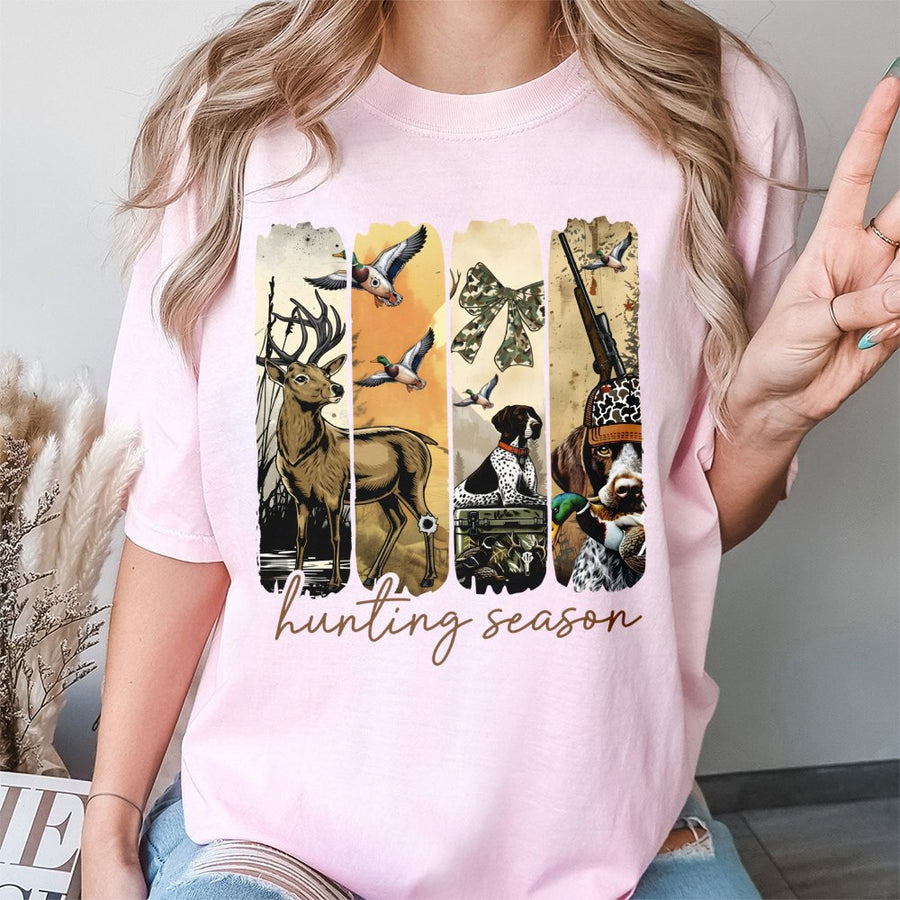 Hunting Season T-Shirt | Duck and Deer Hunter Graphic with Camo Bow | 100% Cotton Premium Tee | Outdoor Enthusiast Gift for Men and Women