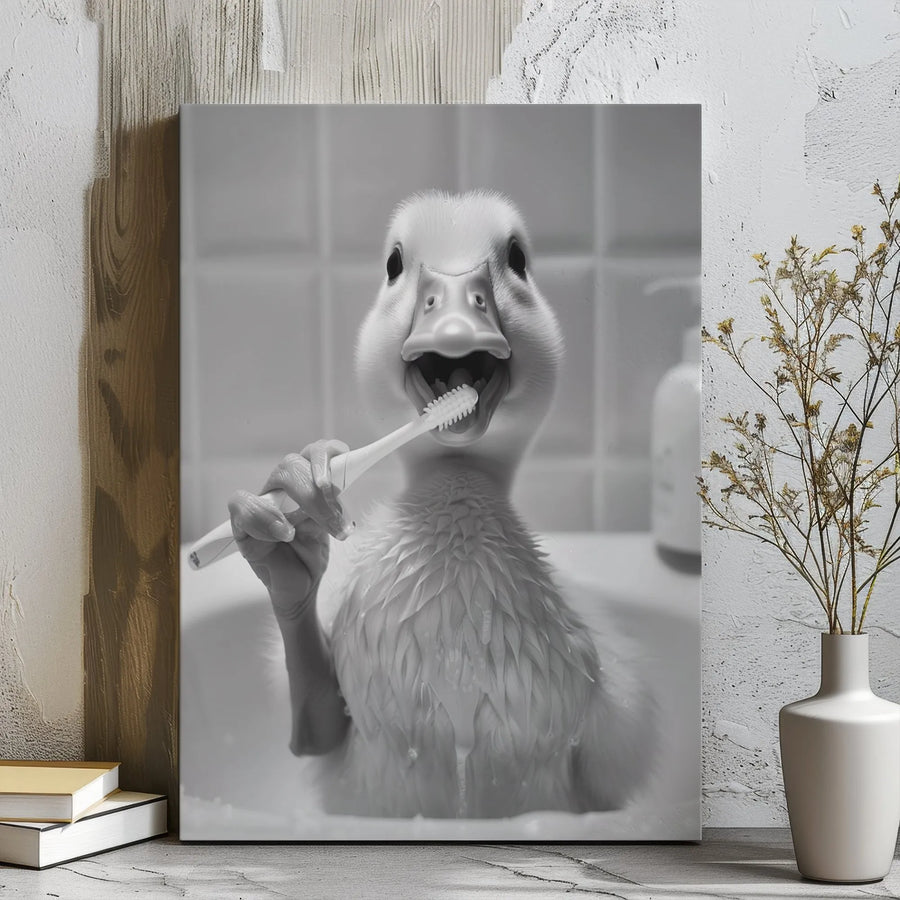 Funny Duckling Brushing Teeth Canvas Art | Whimsical Bathroom Wall Decor | Premium Gallery Wrapped Print | Quirky Animal Portrait Gift for Kids